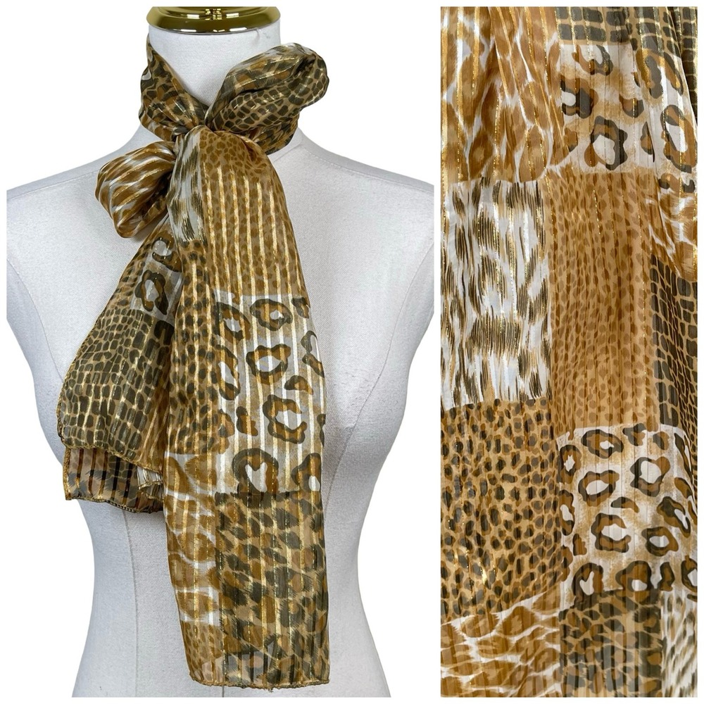 Vintage Scarf Animal Print Patchwork Womens Gold Brown Metallic Lurex Retro Y2K